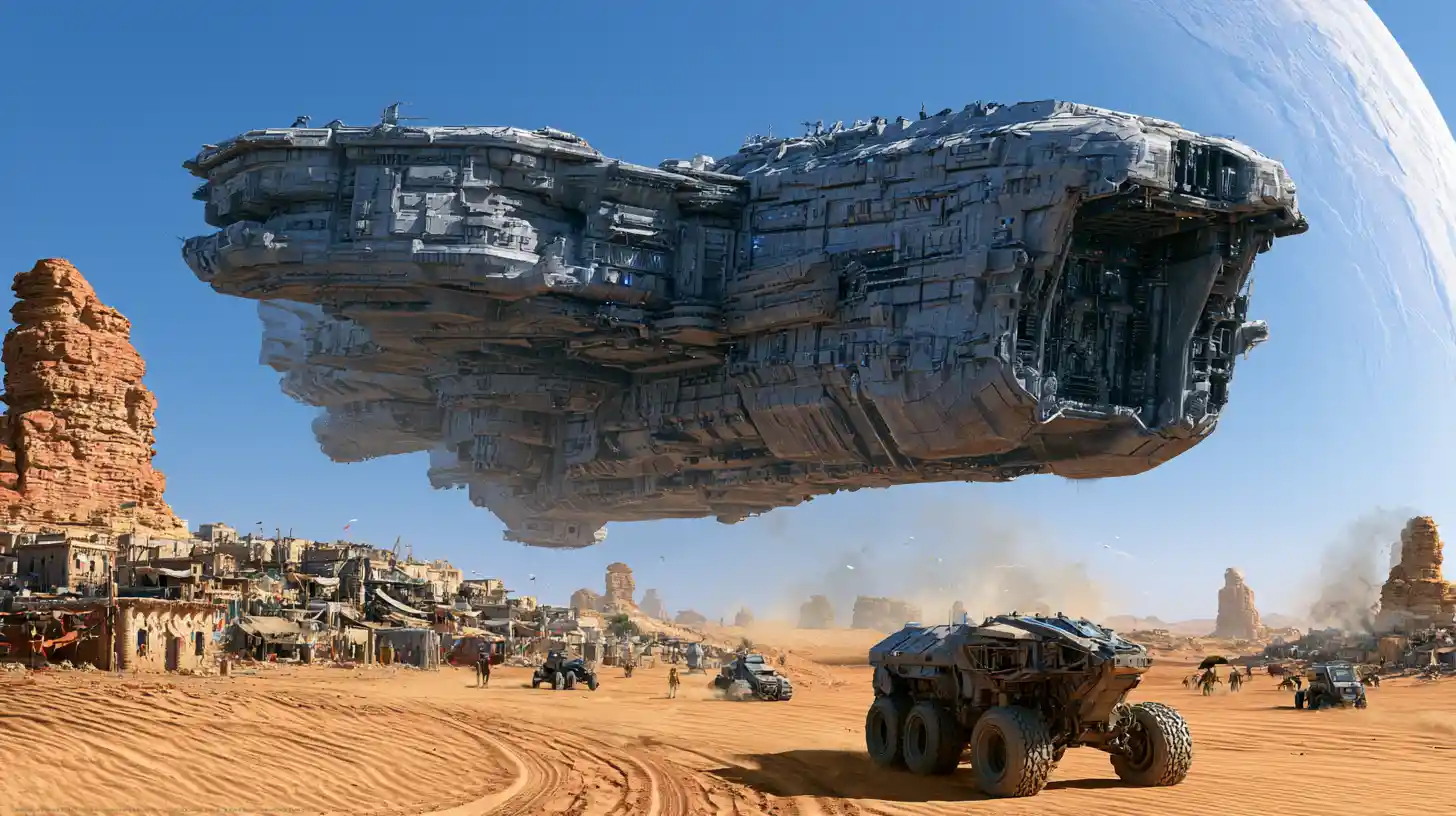 Massive spaceship landing beside a remote desert village
