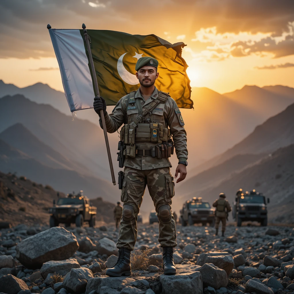 Soldado pakistaní sosteniendo la bandera nacional en un puesto fronterizo de montaña