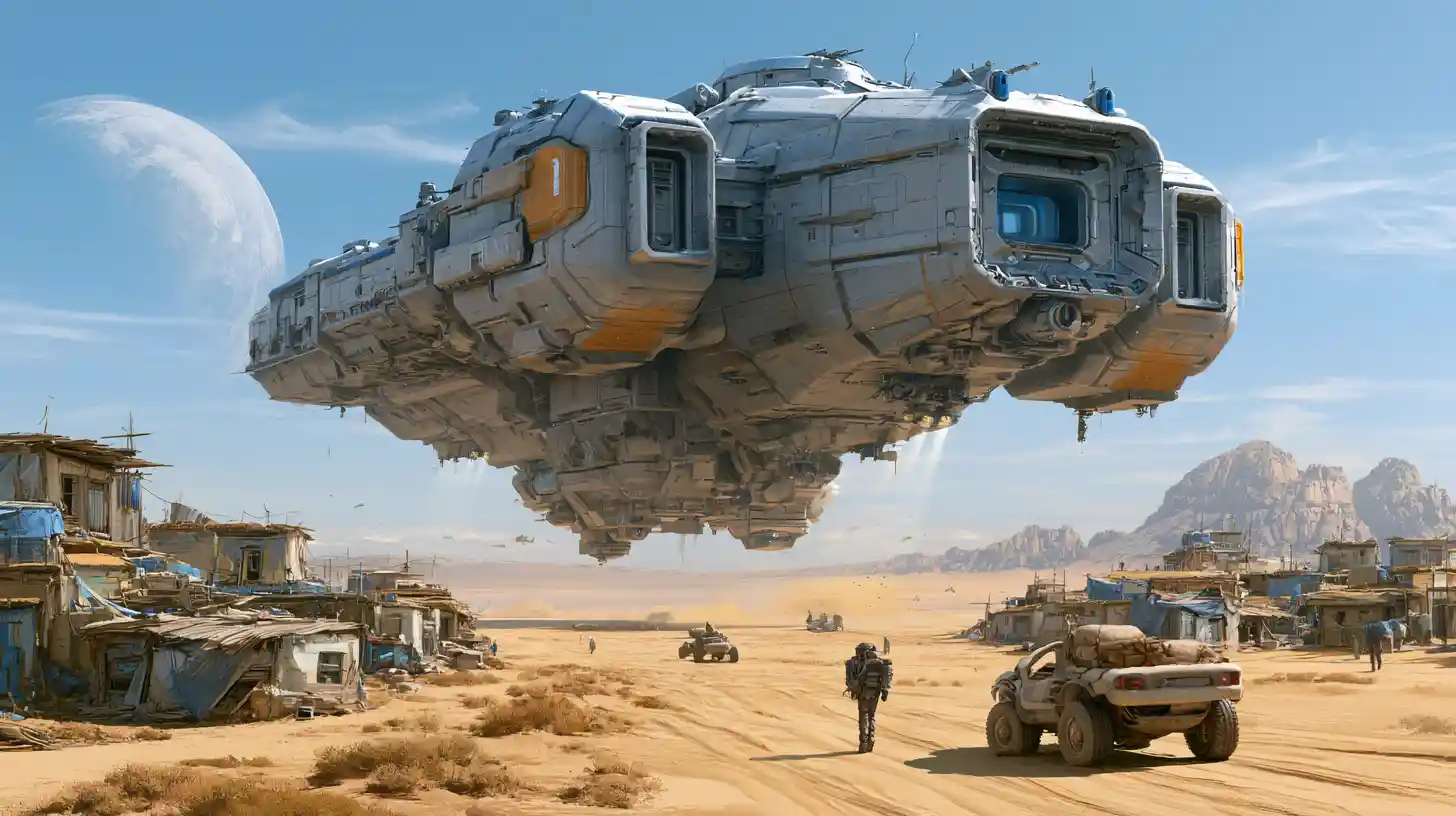 Enorme astronave che atterra accanto a un remoto villaggio nel deserto