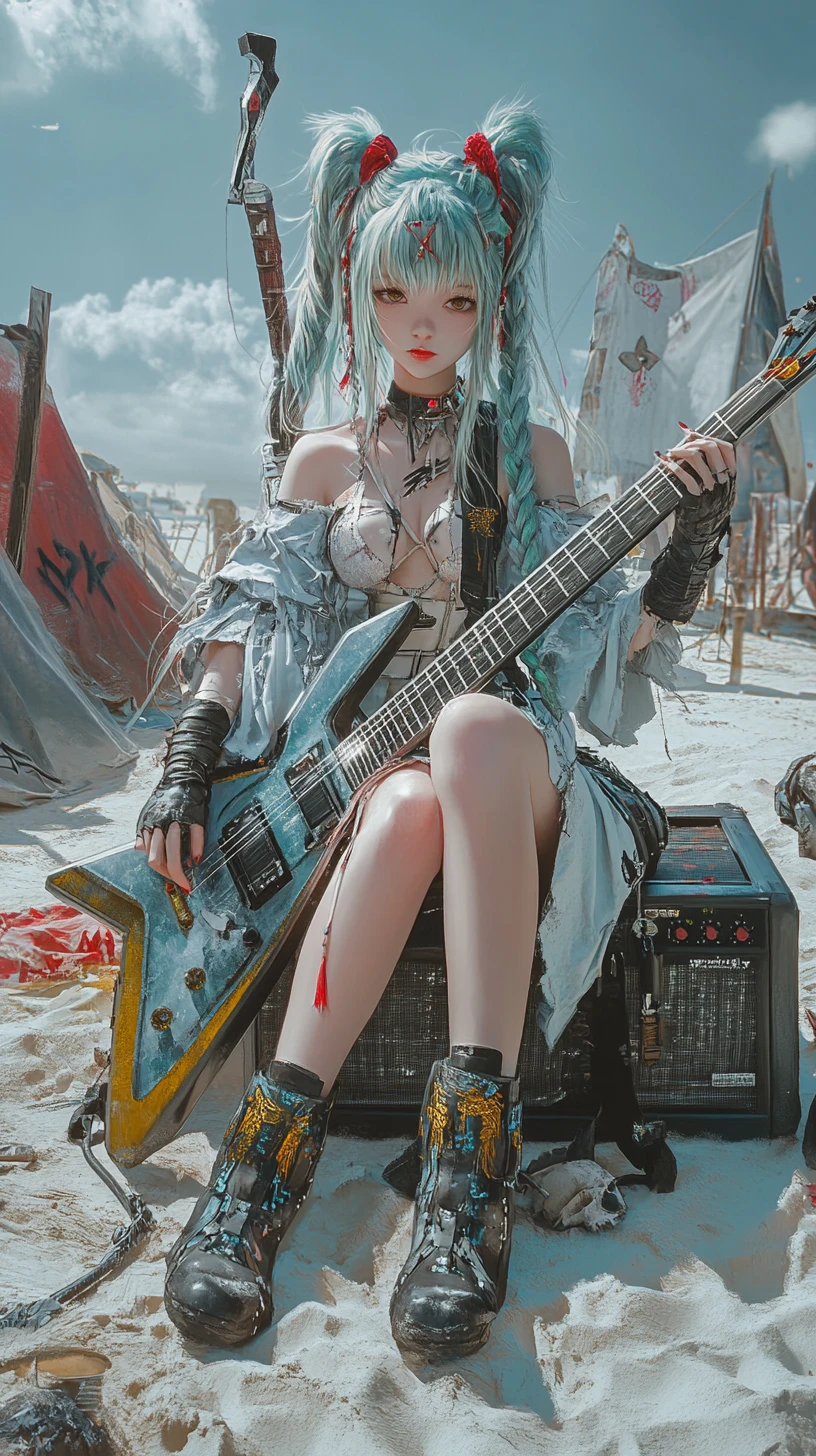 Anime girl playing guitar by a bonfire on the beach