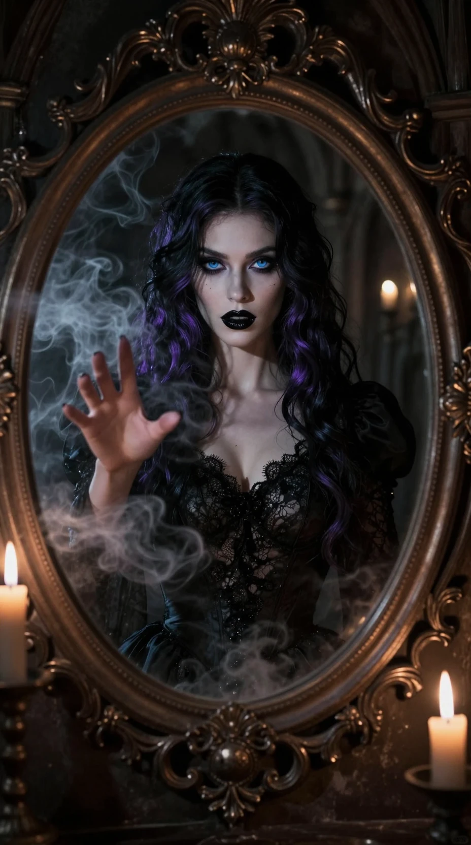 Donna mistica che emerge da un portale gotico a specchio avvolto nel fumo