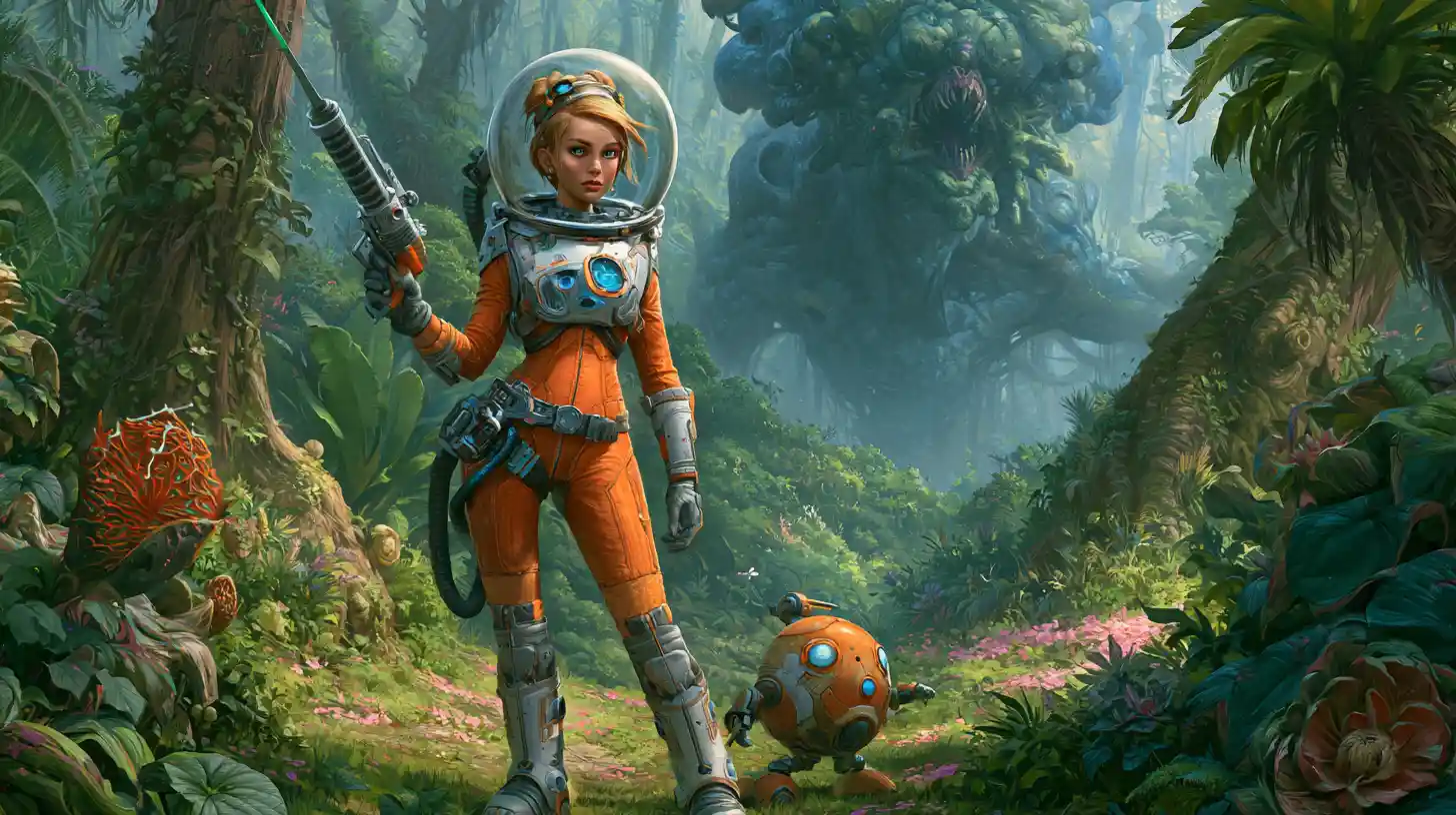 Space heroine with ray gun on lush alien jungle world