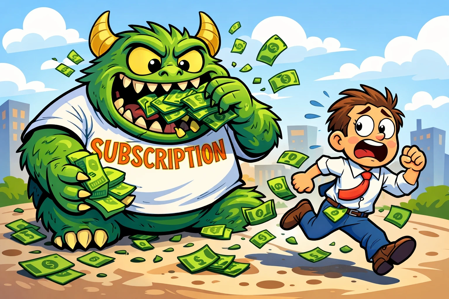 Monstruo de caricatura comiendo dinero con un hombre pequeño asustado