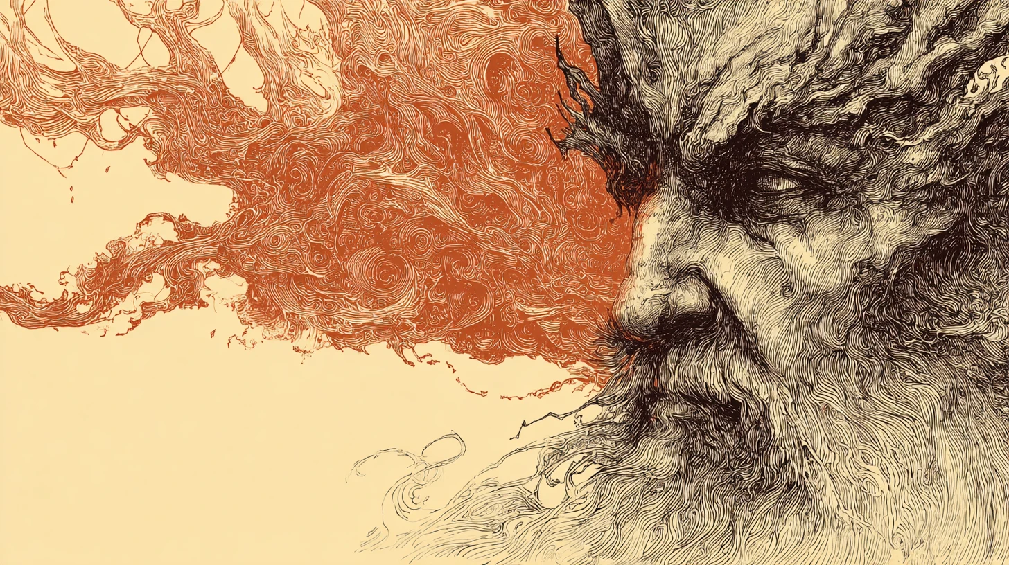 Hephaestus forging a glowing soul in raging fire