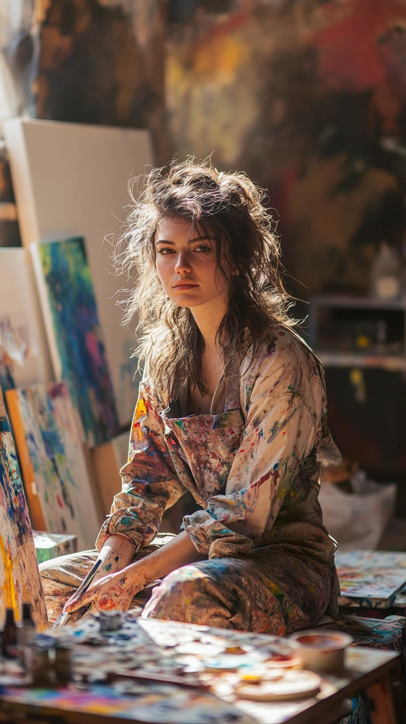 Mujer pintora descansando en un estudio de arte bañado por el sol