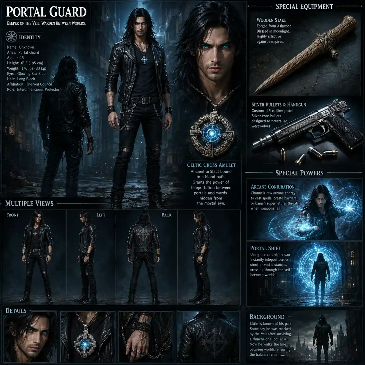 Scheda personaggio urban fantasy di un uomo dai capelli lunghi