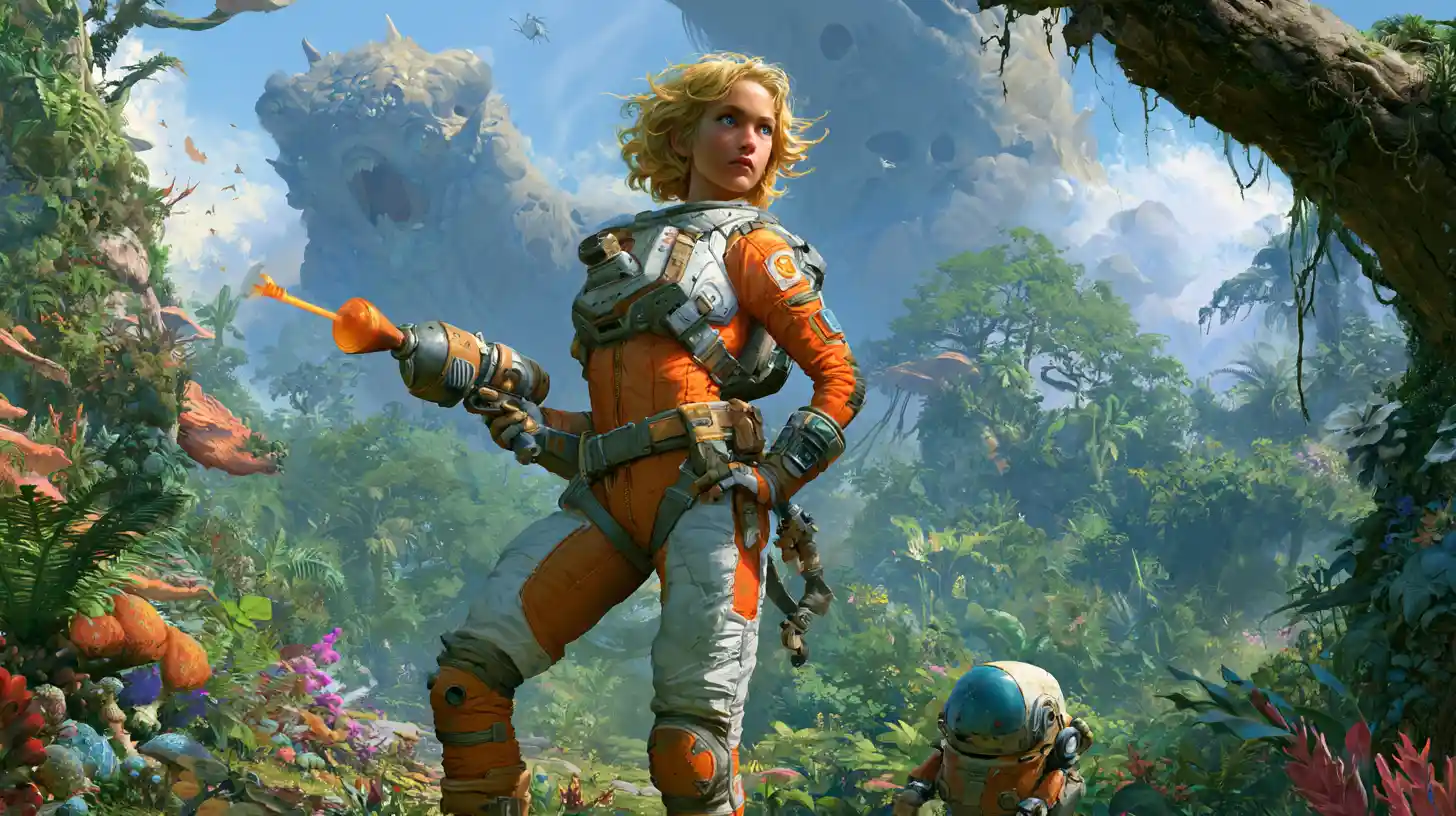 Space woman with ray gun on lush alien jungle world