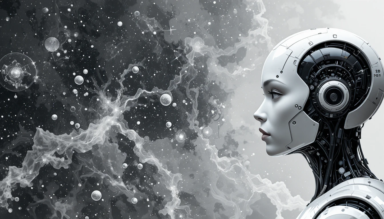 Perfil lateral en blanco y negro de una hermosa robot femenina
