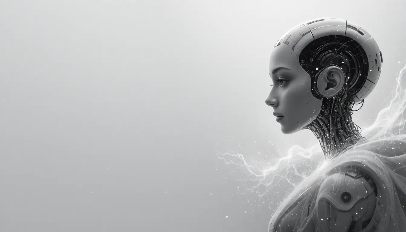 Perfil de robô feminino futurista sobre fundo galáctico luminoso