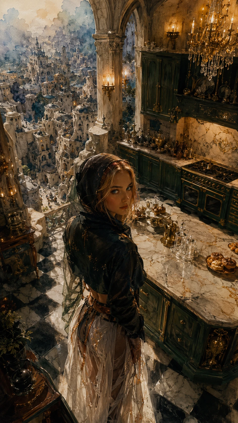 Vista en picado de una mujer elegante en la cocina de un castillo