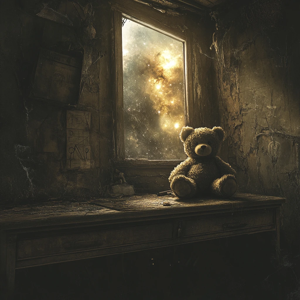 Lonely teddy bear on dusty desk under eerie cosmic glow