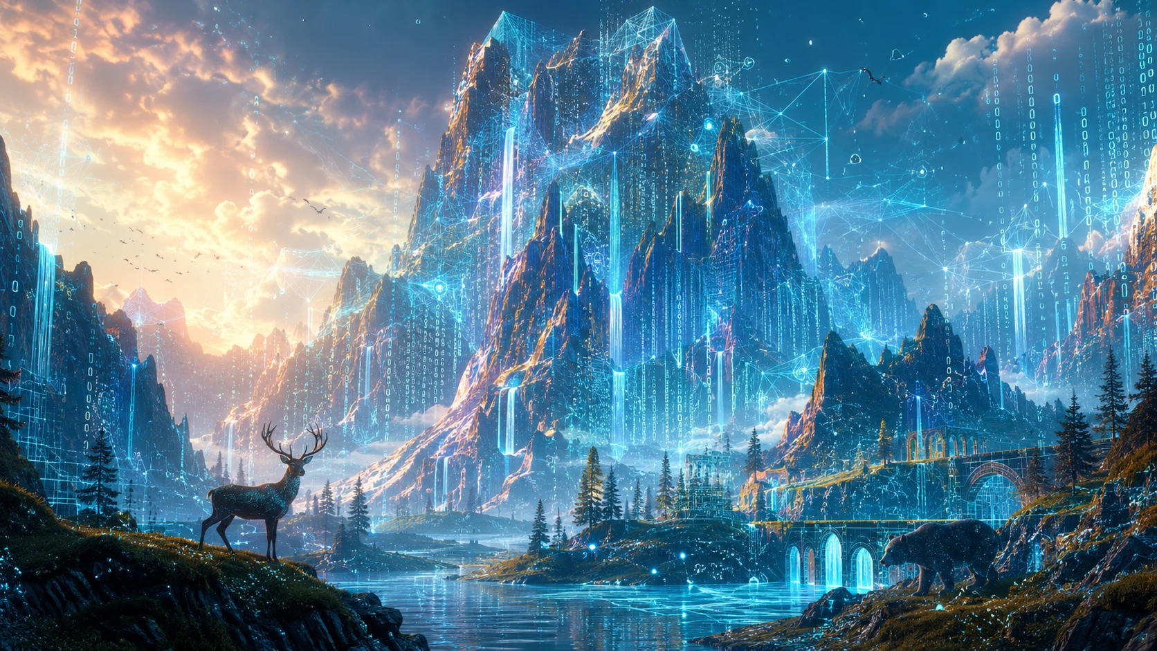 Montanhas cinematográficas de código fluindo em um mundo digital surreal