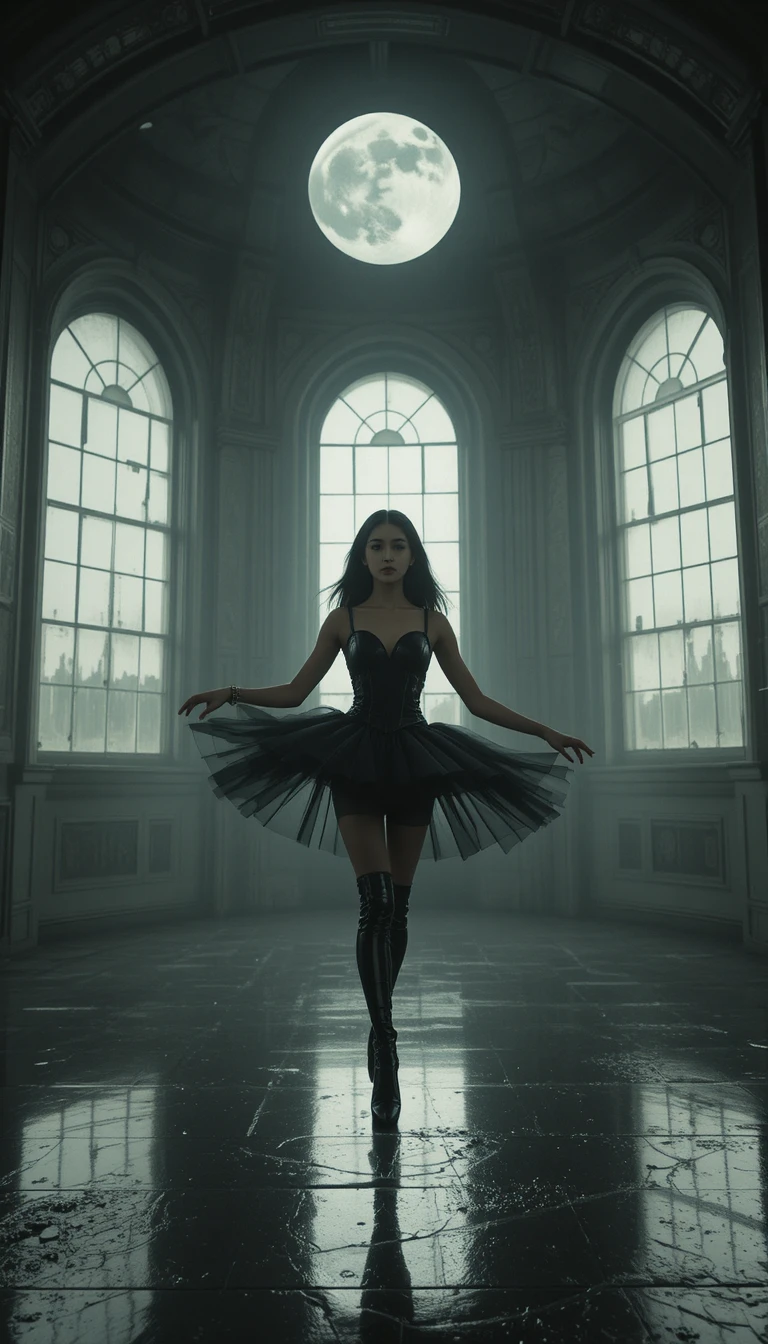 Cyberpunk girl in black armor tutu under moonlit windows