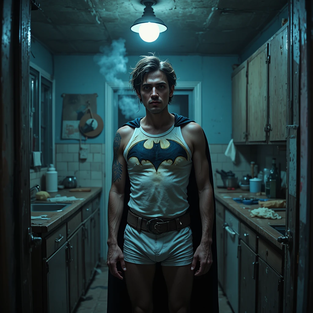 Hombre cansado con disfraz de Batman fumando en cocina oscura