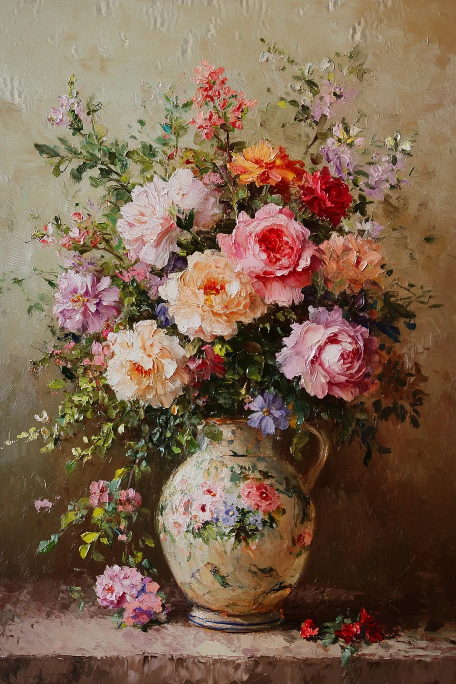 アンティーク花瓶の豊かな花束の静物画