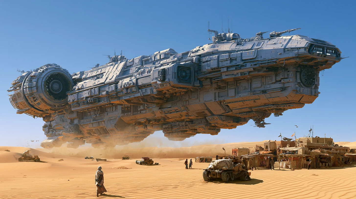 Massive spaceship landing beside a remote desert village