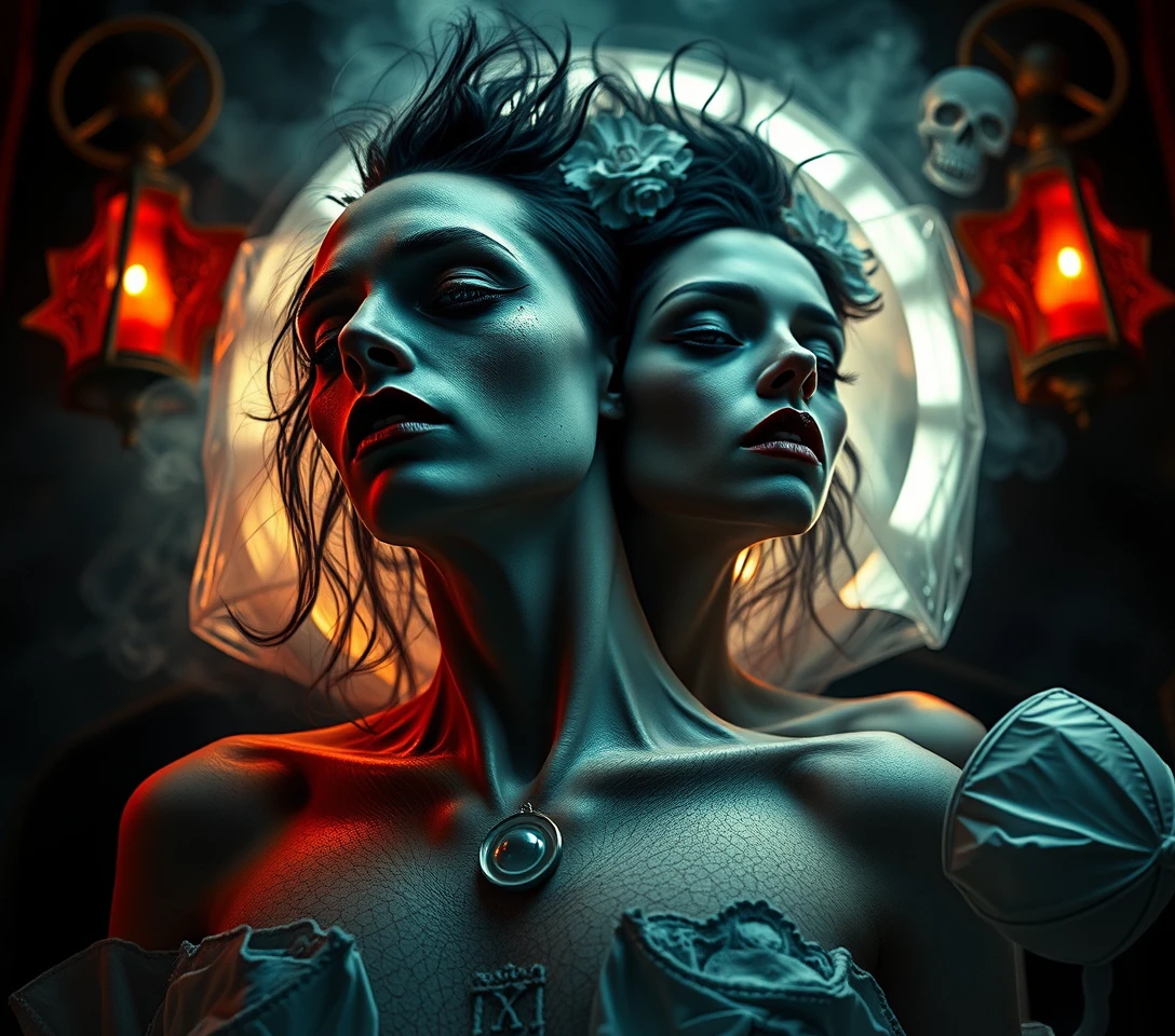 Retrato surreal en primer plano de dos mujeres bajo hipnosis