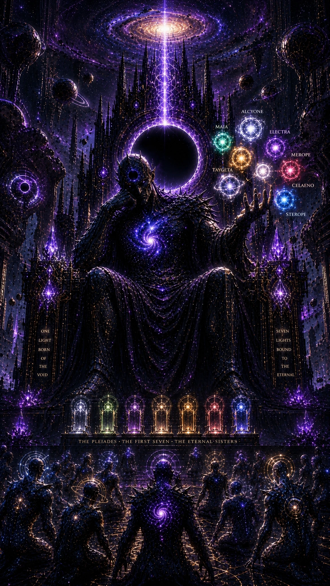 Dios cósmico en trono de obsidiana bajo galaxia radiante
