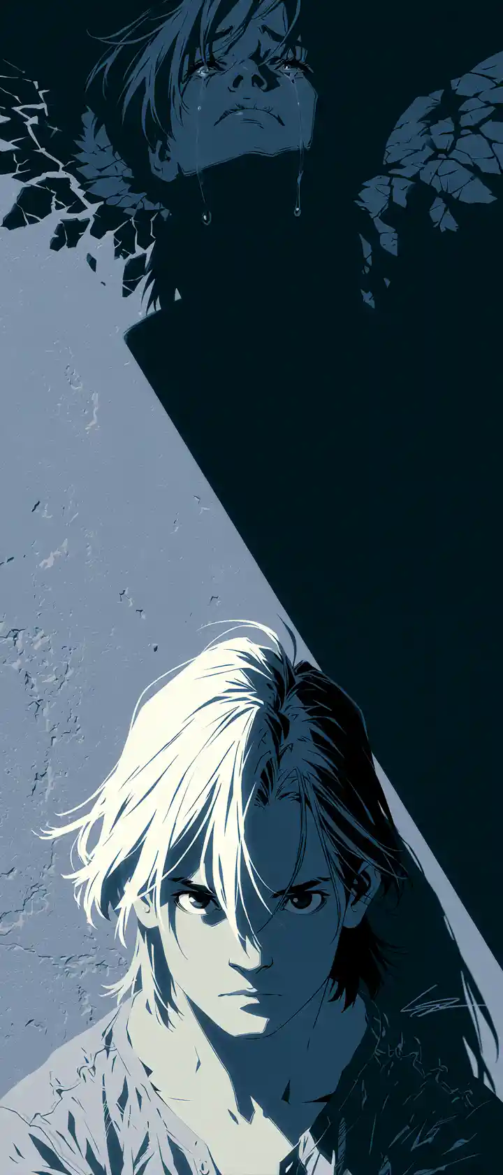 Stoischer Anime-Mann mit weinendem geflügeltem Schatten an der Wand