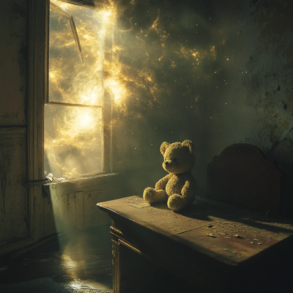Lonely teddy bear on dusty desk under cosmic window glow