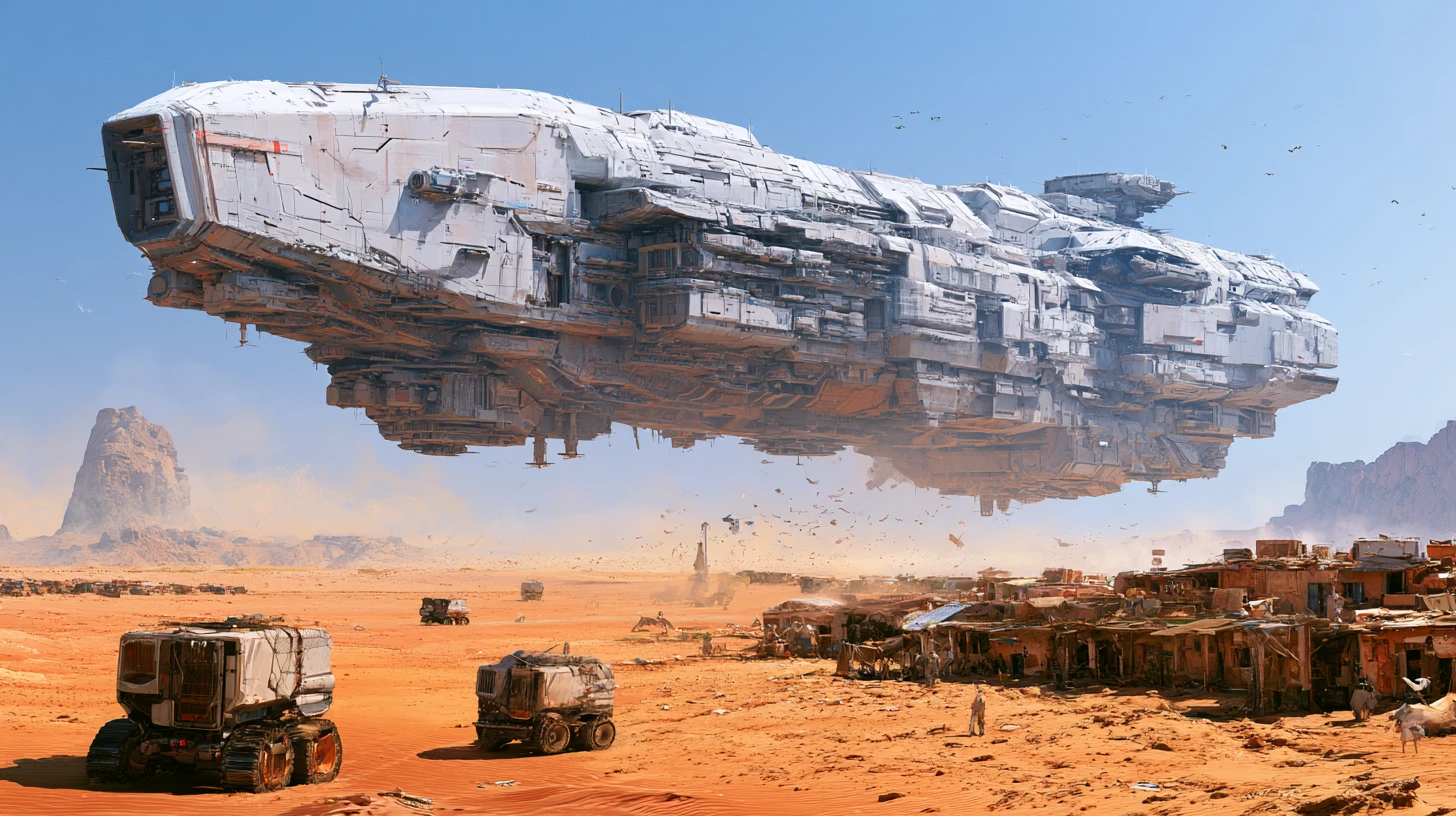 Massive spaceship landing beside a remote desert village