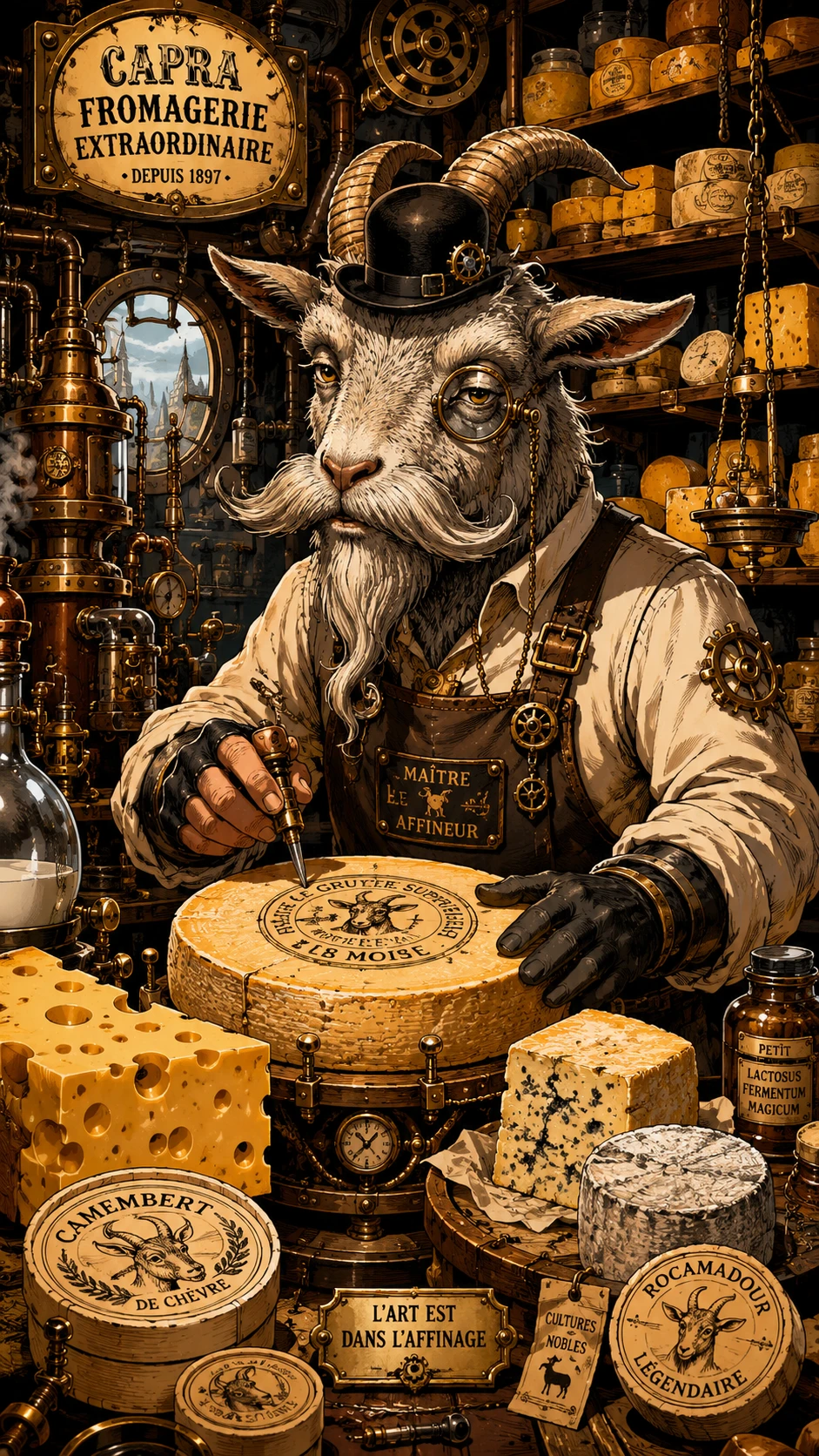 Fromager Chèvre Âgé dans un Atelier Steampunk Humoristique