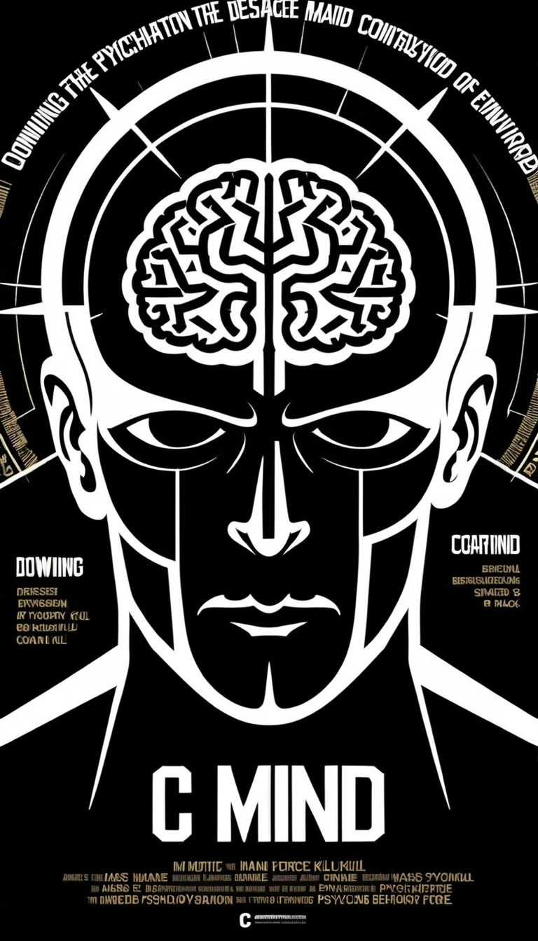 Póster vintage de guerra cognitiva con siniestra insignia de cerebro