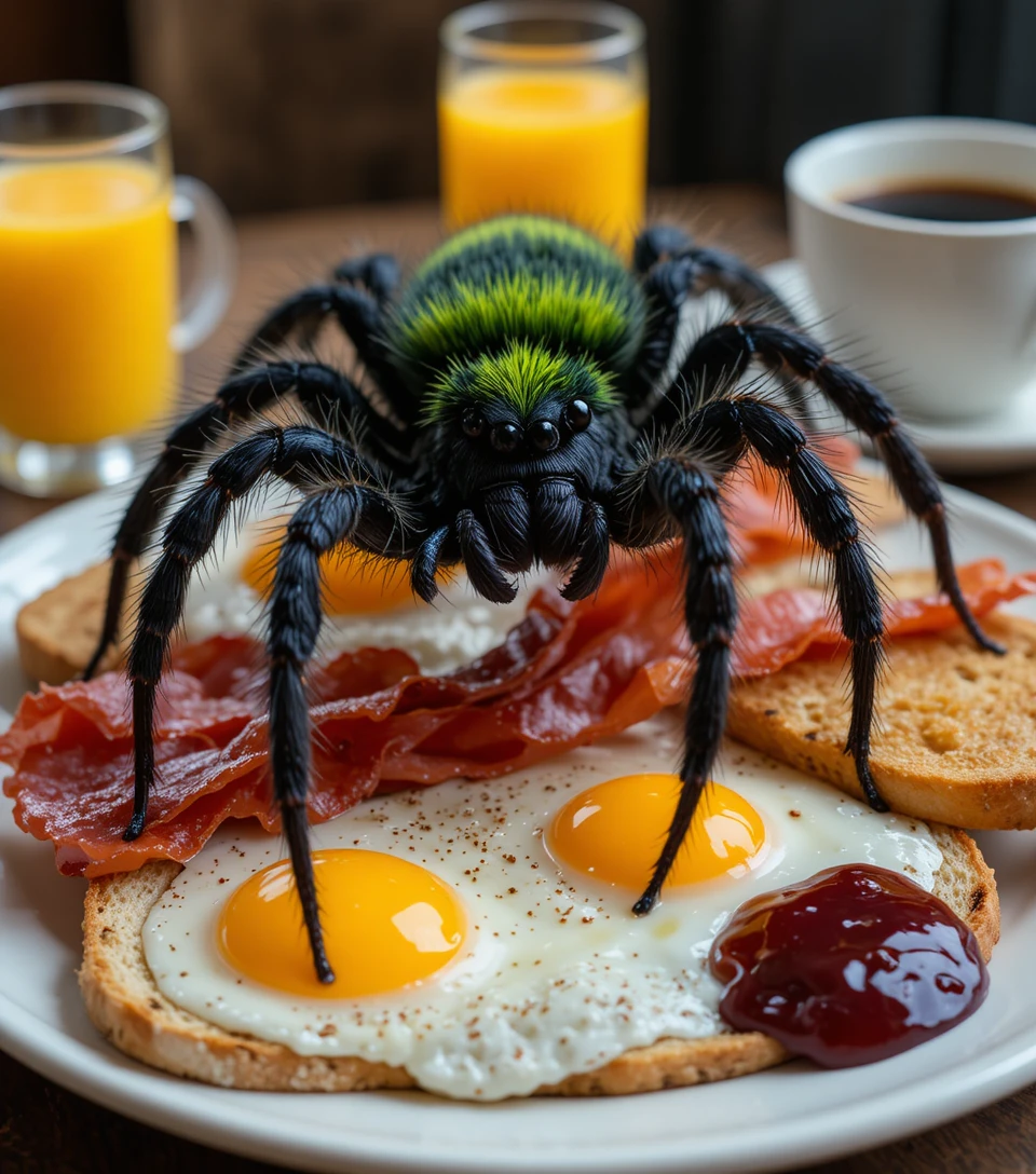 Hairy black spider on classic breakfast plate with eggs