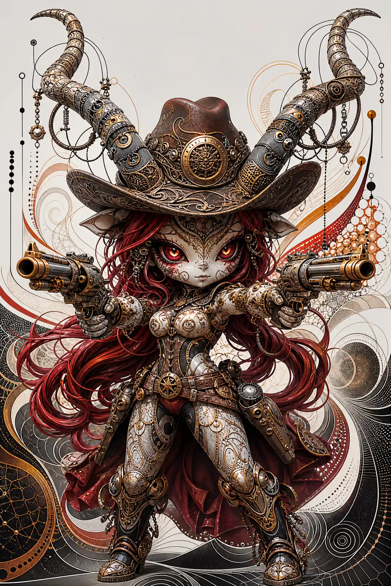 Cowgirl demone frattale che mira con due pistole steampunk