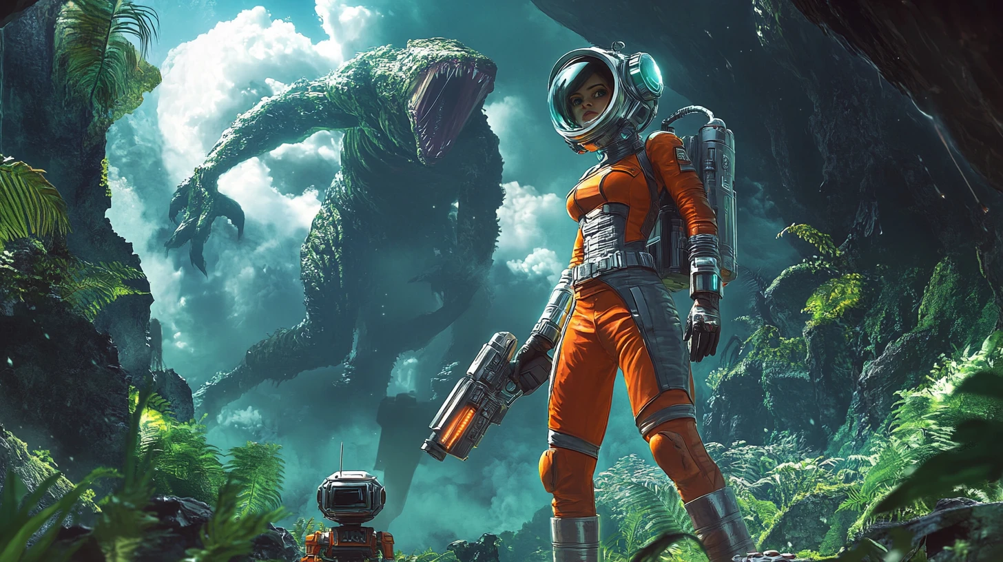 Space heroine with ray gun on lush alien jungle world