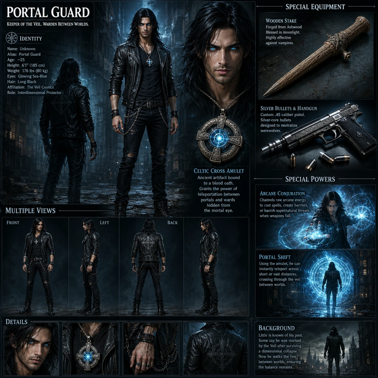 Hoja de personaje de fantasía urbana de un hombre de pelo largo