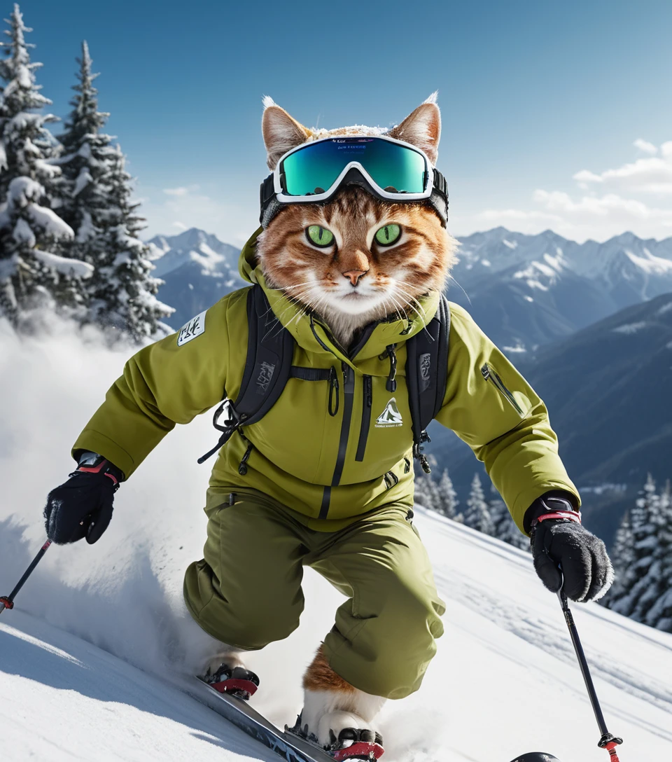 Gato antropomórfico esquiando rápido por una montaña nevada