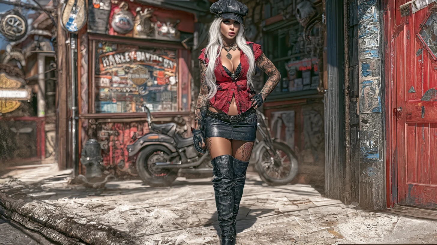 Tattooed biker woman walking past a street bar at night