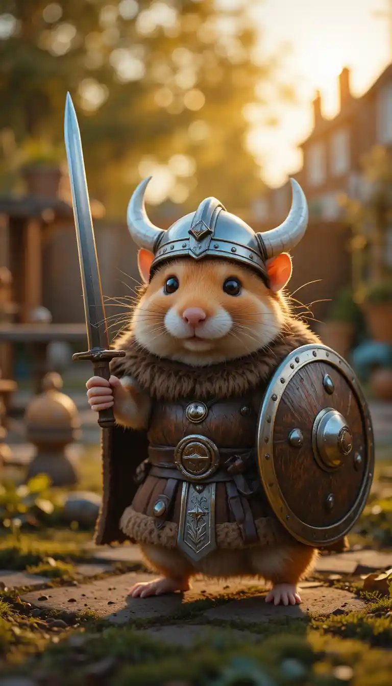 Niedlicher Hamster als Wikingerkrieger im Garten