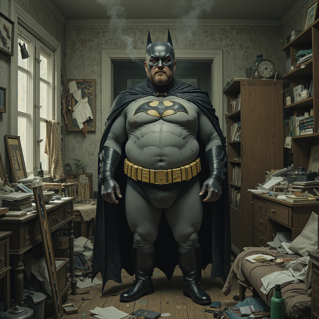 Hombre cansado con disfraz barato de Batman en apartamento desordenado