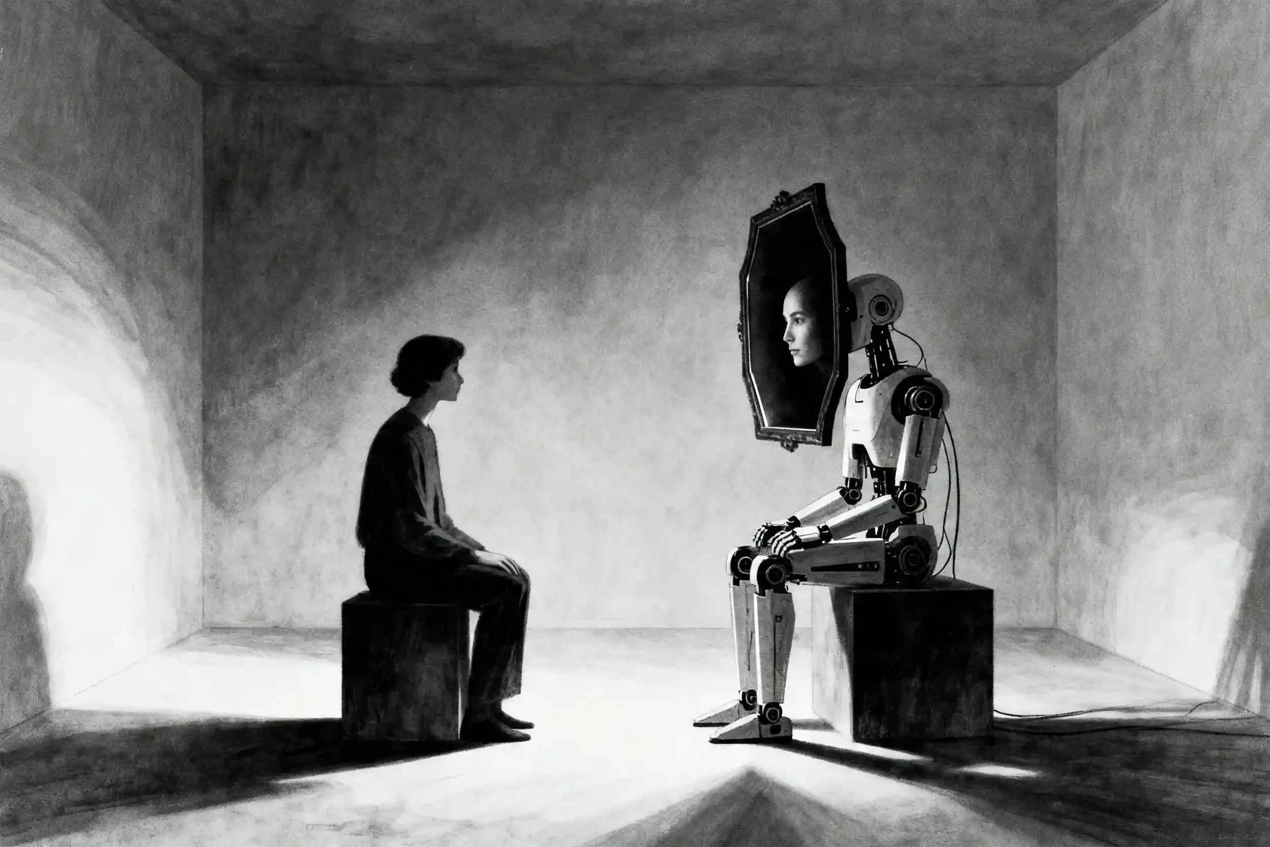 Man facing an android with a mirrored face in an empty room