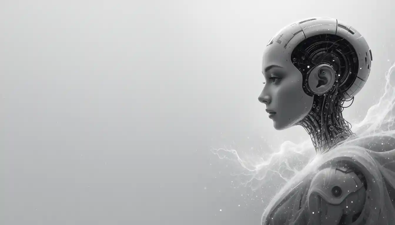 Perfil de robô feminino futurista sobre fundo galáctico luminoso