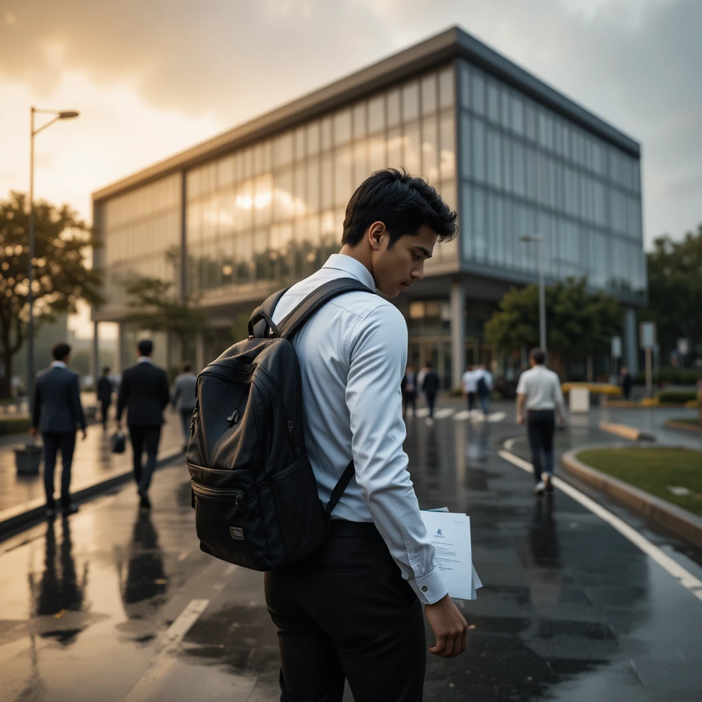 Joven indio caminando solo hacia una oficina corporativa