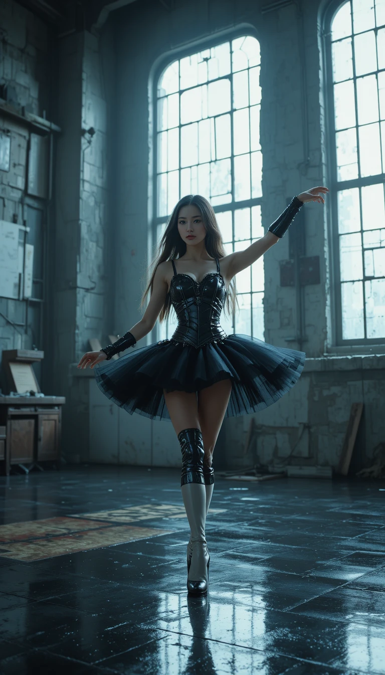 Bailarina cyberpunk con armadura negra sobre piso reflectante