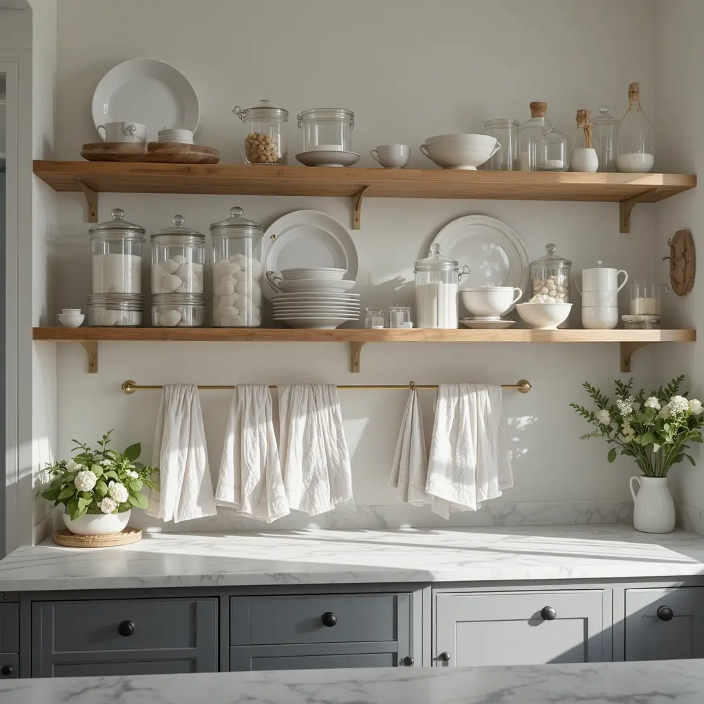 Cuisine farmhouse moderne avec étagères flottantes et surfaces en marbre