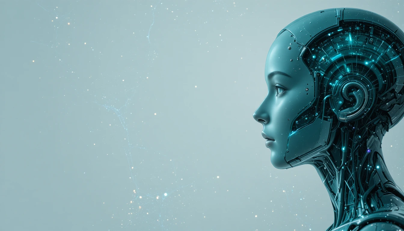 Perfil de robot femenino futurista con galaxias de plasma resplandecientes
