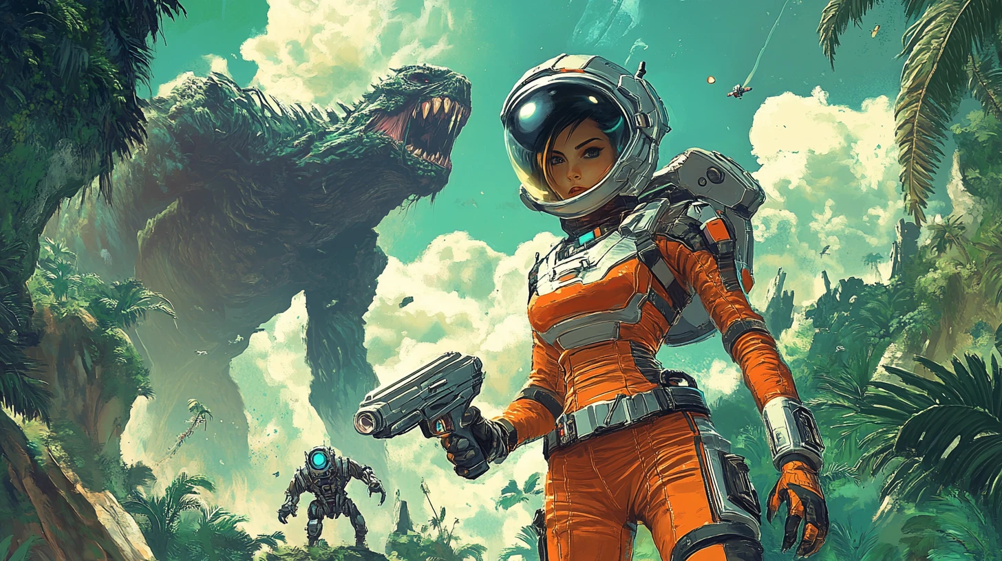 Sci fi heroine with ray gun on lush alien world