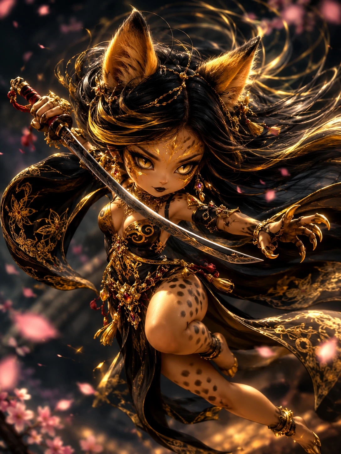 Guerrera ninja felina chibi en negro y dorado con tajo en el aire