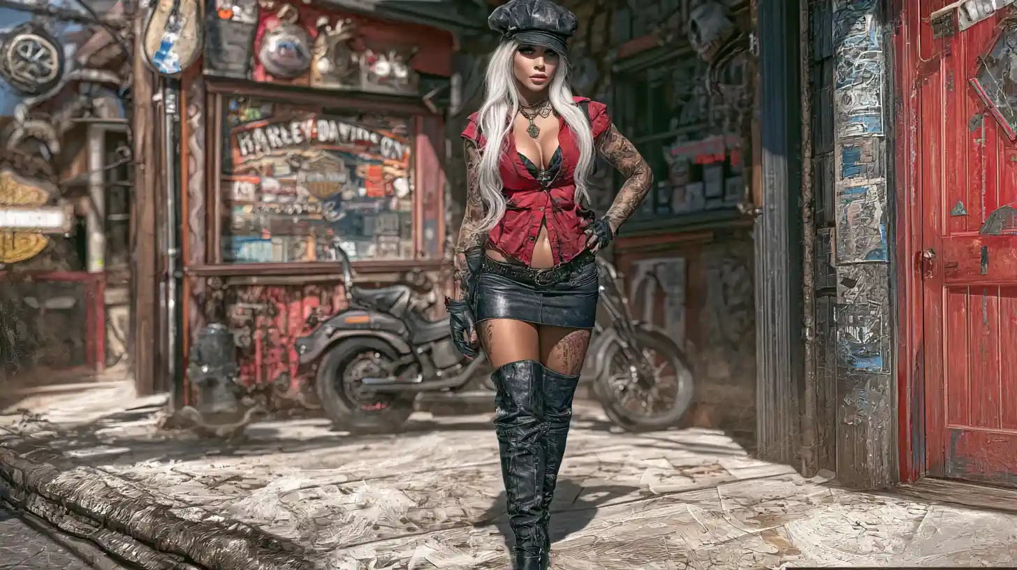 Tattooed biker woman walking past a street bar at night