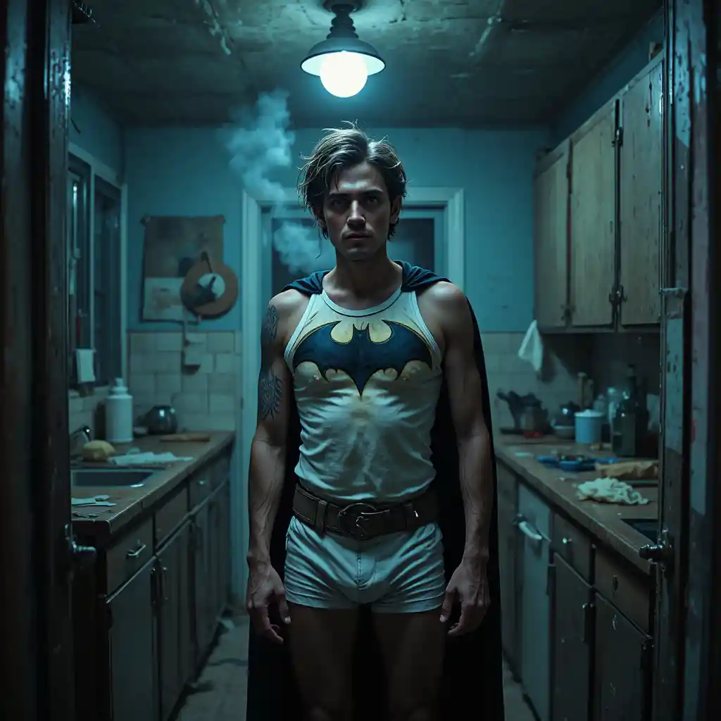 Uomo stanco in costume da Batman che fuma in una cucina in penombra
