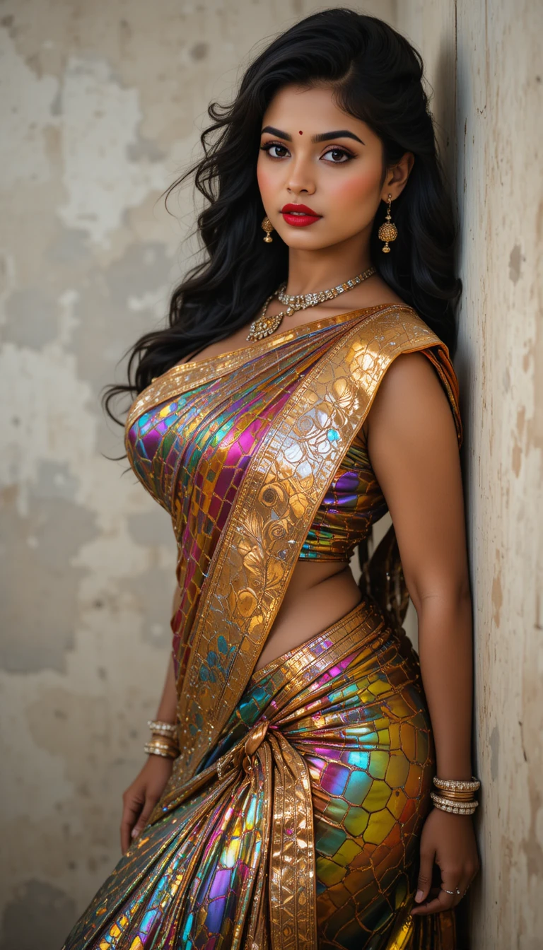 Mujer tamil con sari reflectante apoyada en una pared