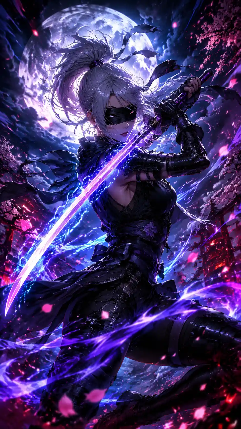 Blindfolded ninja heroine under a stormy moonlit sky