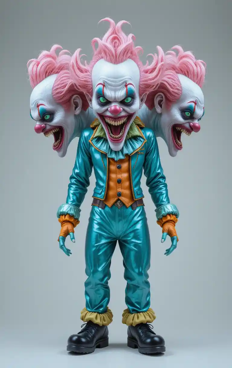 Grotesque three headed clown in metallic royal blue costume