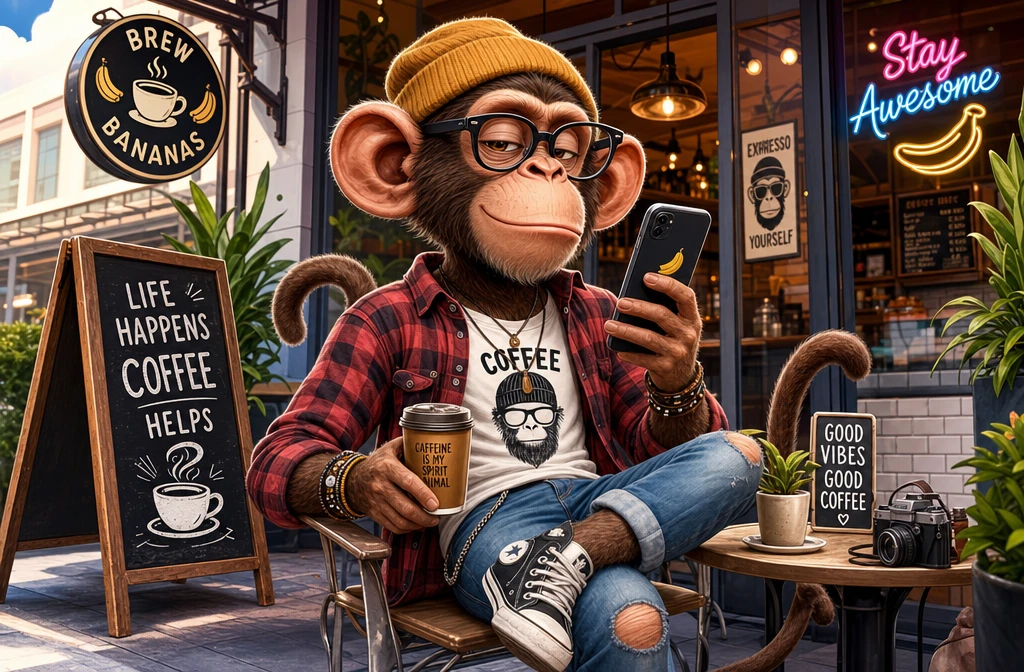 Mono hipster en la terraza de un café mirando su teléfono
