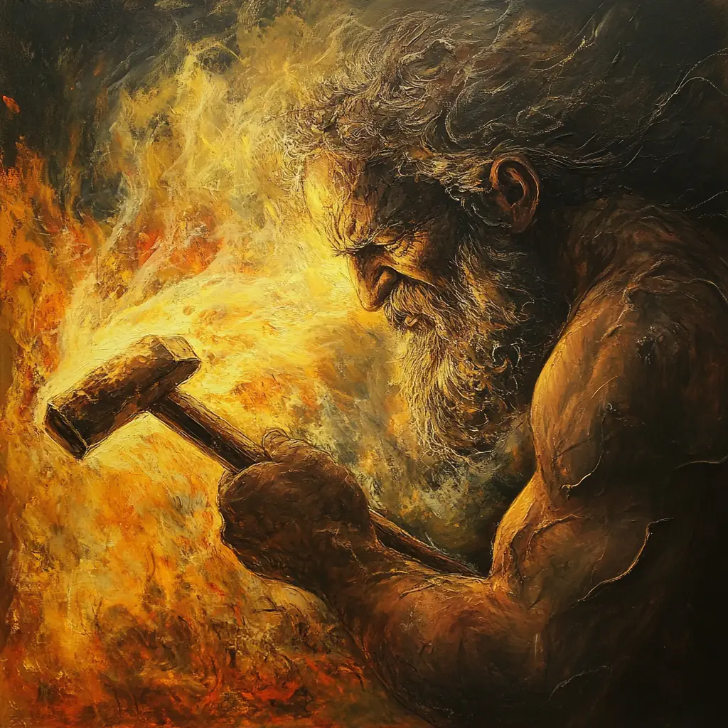 Hephaestus forging a soul in blazing divine fire